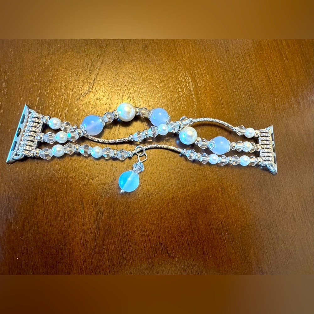 Silver and White Beaded Apple Watch Band